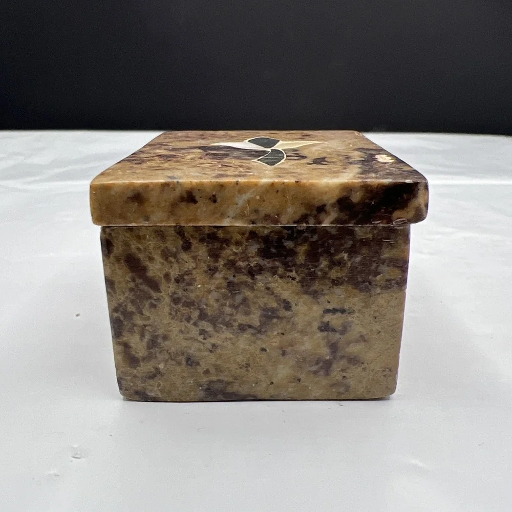 Vintage Jerusalem Stone Trinket Box Inlay Floral Mother of Pearl Small Box